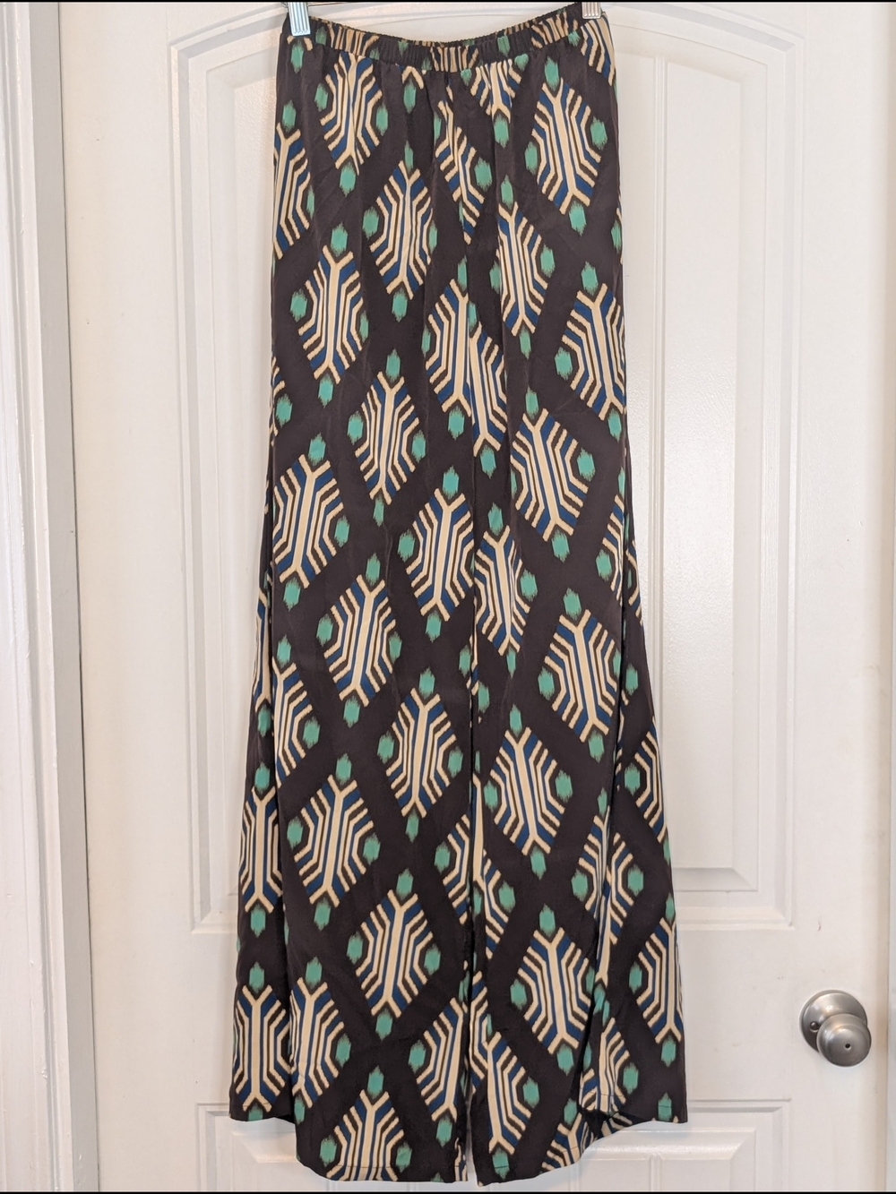 Peach Love Brown Beige Teal Bohemian Patterned Wide Leg Pants